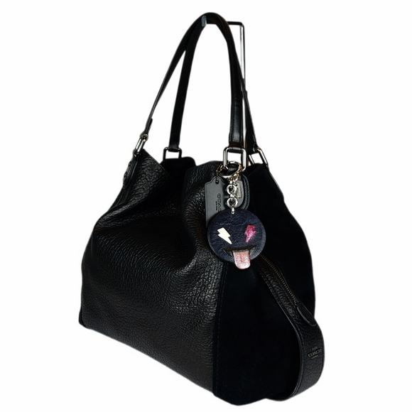 LG COACH EDIE 42 MIXED LEATHER HOBO w/COACH FACE CHARM - Picture 2 of 10